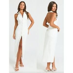 Showpo White Halter Midi Dress Size 12 Collared Low Back Preppy Vacation Button